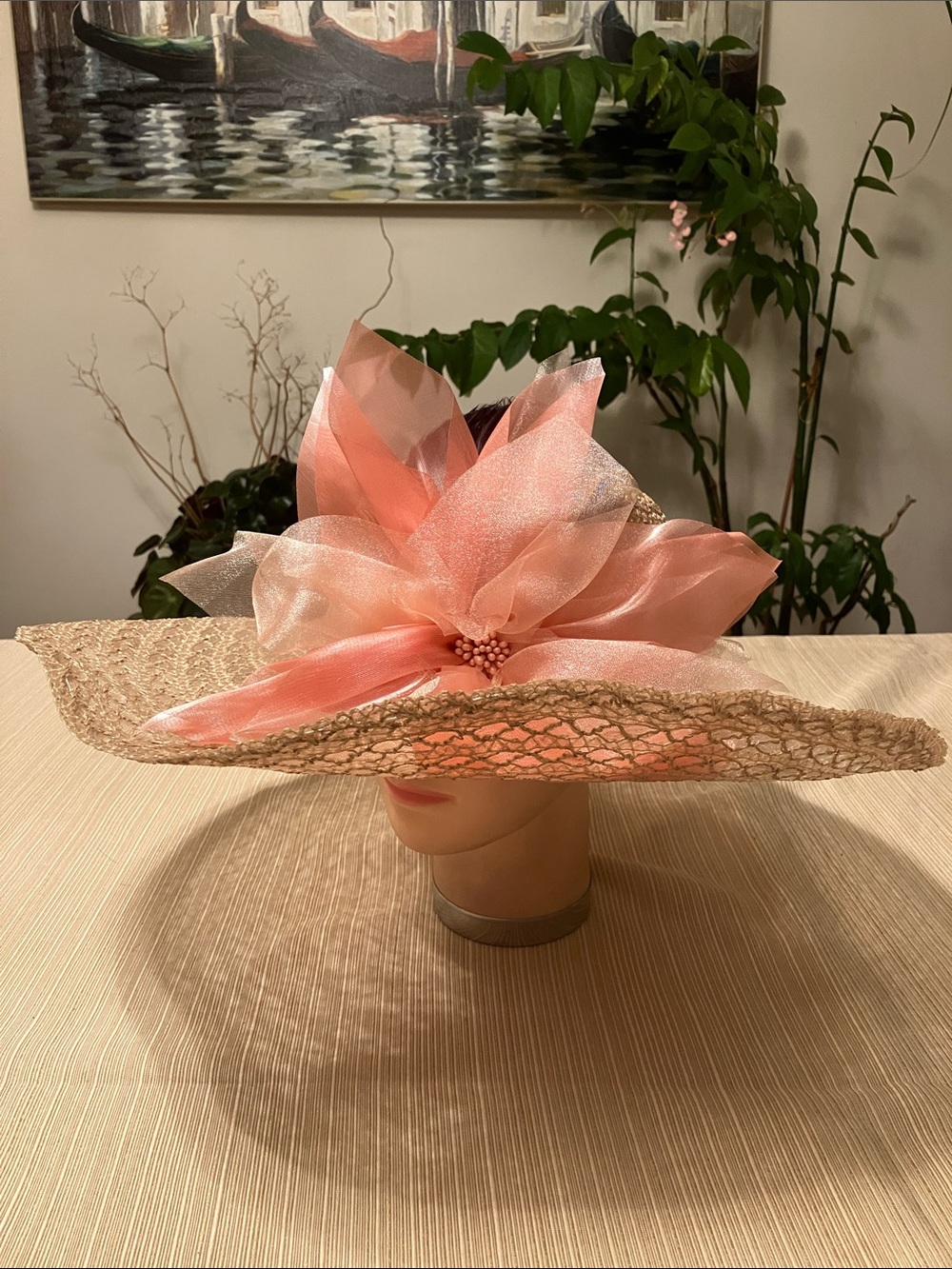 Elegant Women's Wide-Brim Beige Hat with Coral Pink Floral Accent